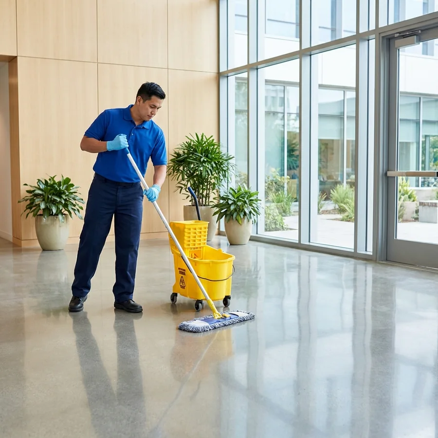 Commercial cleaner mopping a polished office lobby floor