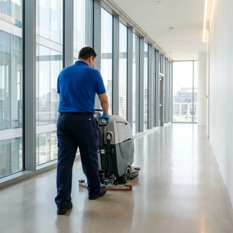 Technician operating a floor scrubber in an office corridor