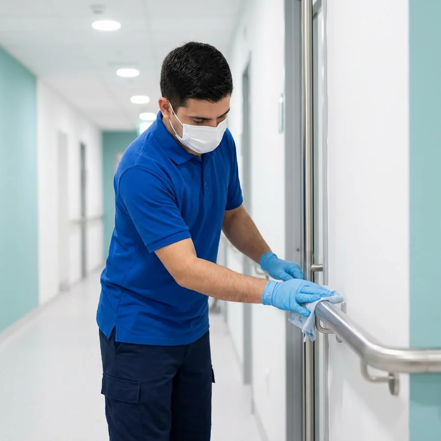 Cleaner disinfecting handrails in a medical clinic corridor