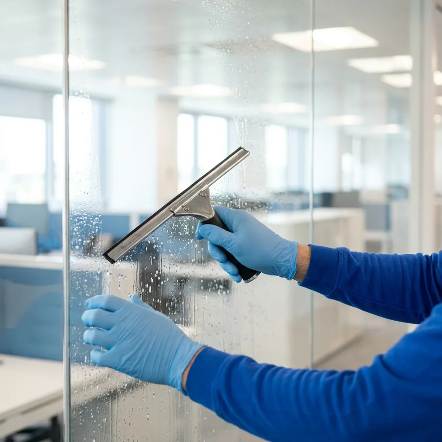 Window cleaner squeegeeing an interior glass office partition